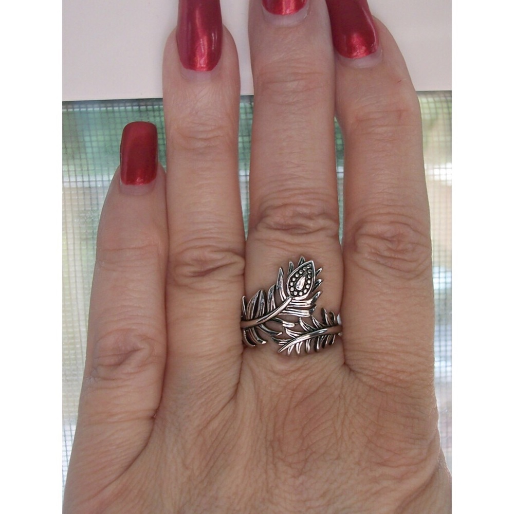 925 STERLING SILVER Peacock Feather Ring - Picture 4 of 16